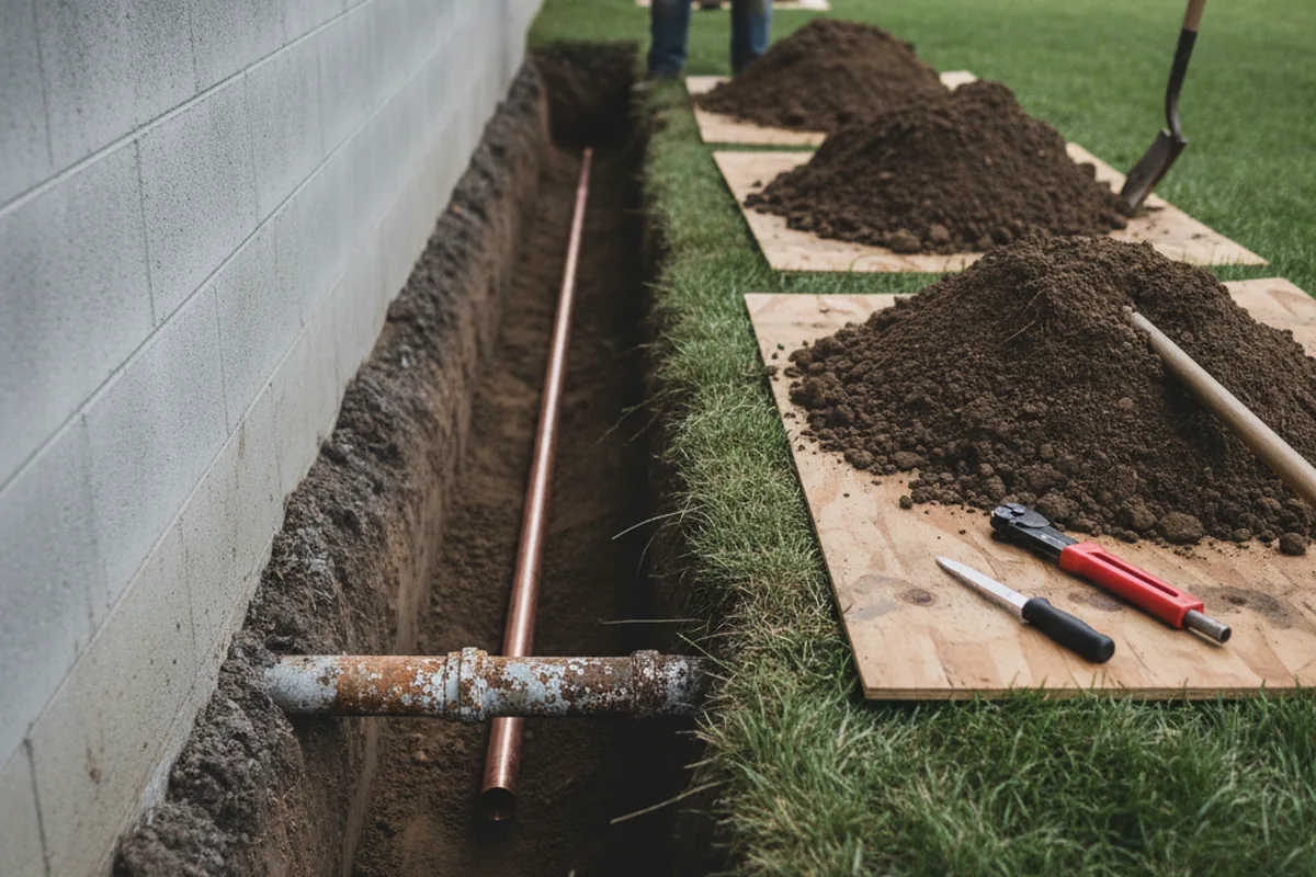 Excavated water line trench during Sewer Line Repair in Verona